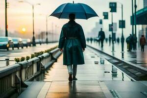 une la personne en marchant vers le bas une rue avec un parapluie. généré par ai photo