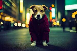 une chien dans une rouge manteau séance sur le rue à nuit. généré par ai photo