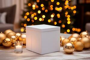 blanc Vide boîte maquette sur Noël Contexte avec lumières, ai généré. photo