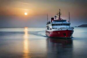 une rouge et blanc traversier bateau en voyageant dans le océan. généré par ai photo