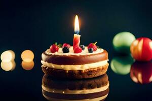 une anniversaire gâteau avec une allumé bougie. généré par ai photo