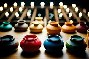 beaucoup coloré des pots sont doublé en haut sur une tableau. généré par ai photo