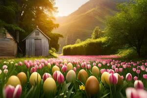 photo fond d'écran champ, fleurs, tulipes, œufs, loger, des arbres, soleil, printemps,. généré par ai