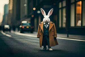 une lapin habillé dans une costume et attacher permanent sur une rue. généré par ai photo