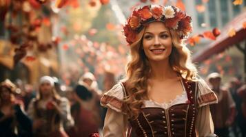 magnifique Jeune femme dans traditionnel bavarois costume à le fête de la bière. ai génératif photo