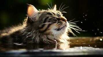 chat sirotant l'eau chaque gouttelette pris dans milieu - air, une Danse de la soif et précision. génératif ai photo