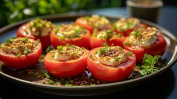 ai génératif. tomates farci avec piment fromage, persil et herbes photo