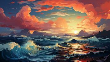 Contexte vue de le coucher du soleil à mer ai photo