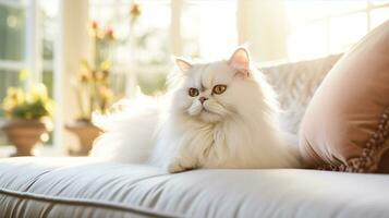 blanc persan chat luxueusement vautré sur une velours coussin dans une ensoleillé chambre. génératif ai photo