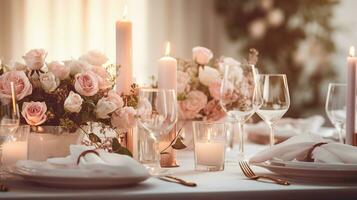 bannière présente une somptueux à manger table installation, avec porcelaine assiettes, cristal lunettes, bougies, et une floral pièce maîtresse. génératif ai photo