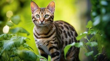 Bengale chat, ses Pointé fourrure rappelant de une sauvage léopard, des stands alerte dans une luxuriant jardin. génératif ai photo