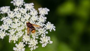 muscomorpha sur blanc fleur avec flou vert Contexte. fermer. copie espace. sélectif se concentrer. photo