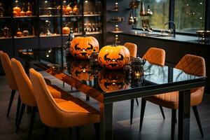 moderne cuisine intérieur décoré pour Halloween, Orange citrouille jack lanterne sur tableau. ai généré photo