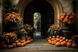 citrouilles et fleurs, rustique décoration de extérieur bâtiment en plein air. ai généré. photo