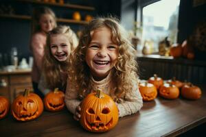 content souriant les enfants tailler traditionnel citrouille citrouille d'Halloween. ai généré. photo