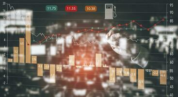 pétrole énergie graphique de le monde marché, impact sur le économie concept, homme d'affaires toucher graphique avec le indicateur sur le pétrole prix faire glisser à gaz gare, fluctuations dans pétrole des prix et échange commerce. photo