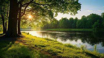 paisible forêt et étang, printemps ou été paysage. génératif ai photo