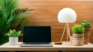 bannière dépeint une élégant espace de travail avec une moderne ordinateur portable, designer lampe, et vert les plantes sur une en bois tableau. génératif ai photo