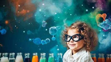 enfant avec une chimie ensemble, fasciné par le bouillonnant concoctions et coloré réactions. génératif ai photo