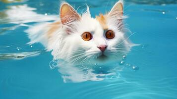 turc van chat gracieusement nager dans une piscine, ses distinct Couleur modèle sur afficher. génératif ai photo