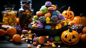 ai génératif. Halloween des sucreries et bonbons sur en bois tableau. sélectif concentrer photo