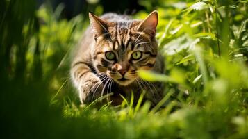 un énergique chat capturé milieu - bondir, yeux fermé à clé sur ses invisible proie, contre une jardin toile de fond. génératif ai photo