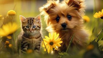 chien et chat ensemble, mignonne animaux domestiques dans été ou printemps jardin. génératif ai photo