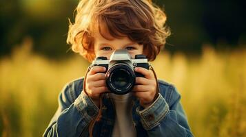 enfant avec une caméra, capturer des moments, une bourgeonnant photographe avec un œil pour détail. génératif ai photo