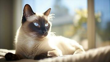 Siamois chat se prélasser sur une ensoleillé rebord de fenêtre, ses lisse manteau et bleu amande - en forme de yeux brillant. génératif ai photo