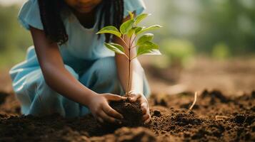 fille plantation une arbre, sa mains Profond dans le sol, une geste de l'amour pour la nature. génératif ai photo