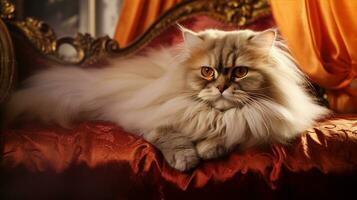 persan chat allongé sur une velours coussin, ses luxueux fourrure mise en miroir le opulence autour. génératif ai photo