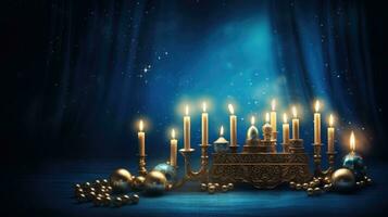 Hanoukka juif vacances, Hanoukka, bougies sur le bleu Contexte. génératif ai photo