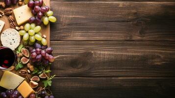 une avec goût arrangé fromage plat avec raisins, des noisettes, et vin, ensemble sur une rustique en bois planche. génératif ai photo