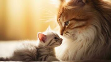chat et chaton, nez à nez, dans une émouvant moment de lien et famille lier. génératif ai photo