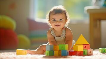 une souriant bambin en jouant avec coloré blocs sur une doux tapis en dessous de chaud lumière du soleil, entouré par jouets. génératif ai photo