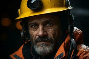 portrait de une pompier dans une protecteur casque et veste photo