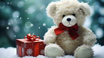 nounours ours avec cadeau des boites sur neige et bokeh Contexte photo
