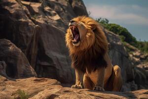 Lion dans la nature large la vie animaux. ai généré. photo