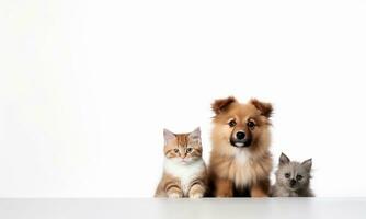 ai généré toile de fond avec des photos de mignonne animaux domestiques, chiots et chatons séance ensemble sur une blanc Contexte.