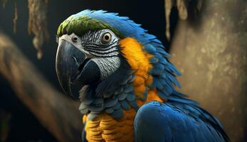 charmant et coloré bleu et Jaune macow perroquet des oiseaux. ai génératif photo