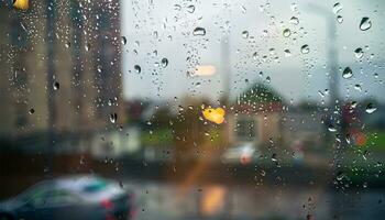 pluie laissez tomber sur fenêtre verre de café magasin et floue ville la vie Contexte photo