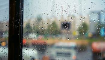 pluie laissez tomber sur fenêtre verre de café magasin et floue ville la vie Contexte photo