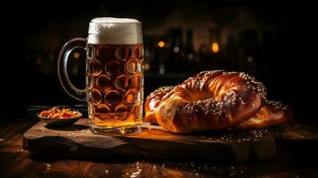 oktoberfest Bière et bretzels sur une en bois table photo