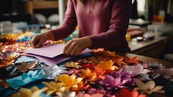 fermer de femelle fleuriste travail avec coloré papier fleurs photo