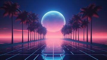 génératif ai, Années 80 rétro futuriste science-fiction., nostalgique années 90. nuit et le coucher du soleil néon couleurs, cyberpunk ancien illustration. soleil, montagnes et palmiers. retrowave vj jeu vidéo paysage.. photo