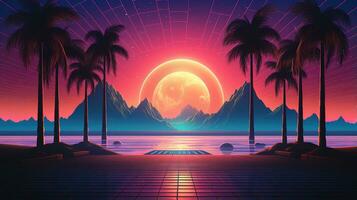 génératif ai, Années 80 rétro futuriste science-fiction., nostalgique années 90. nuit et le coucher du soleil néon couleurs, cyberpunk ancien illustration. soleil, montagnes et palmiers. retrowave vj jeu vidéo paysage.. photo