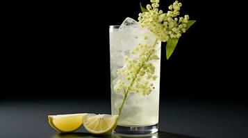 photo de une fleur de sureau spritzer boisson isolé sur noir Contexte. génératif ai