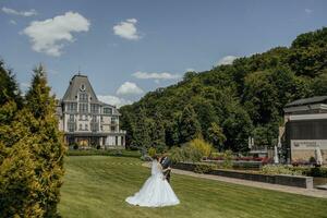 le la mariée et jeune marié supporter sur une pittoresque champ sur le mariage journée sur le Contexte de une magnifique forêt et un coûteux Hôtel photo