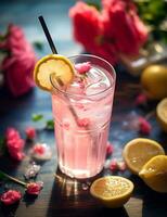 photo de certains Rose l'eau limonade boisson élégamment plaqué sur une tableau. génératif ai