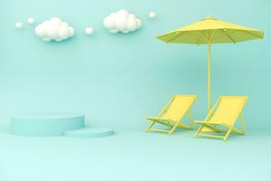 3d rendre Contexte illustration plage chaise et parapluie concept été. photo